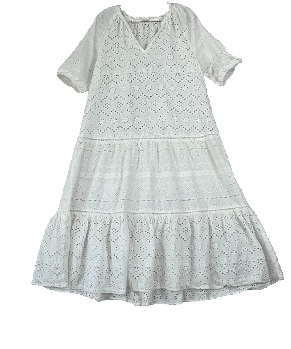 Reba Dress Womens L White Eyelet Paradise V-Neck Ruffle Midi Cotton Unlined